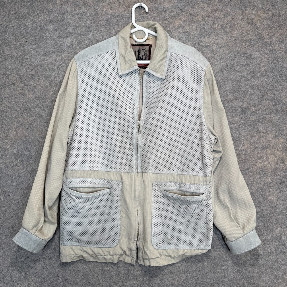 Torras 100% Silk Leather Jacket Mens (fits Large XL)‎ Blue Gray Mesh Zip Spain